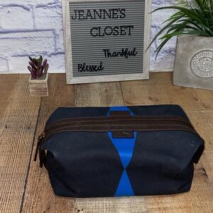 Fossil Men's Leather Framed Toiletry Travel Bag  Dark Brown Navy Blue